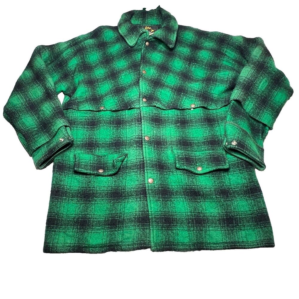 Vintage 50s Mackinaw Hunting Fishing Aero Green  plaid wool jacket Size XL Flaws
